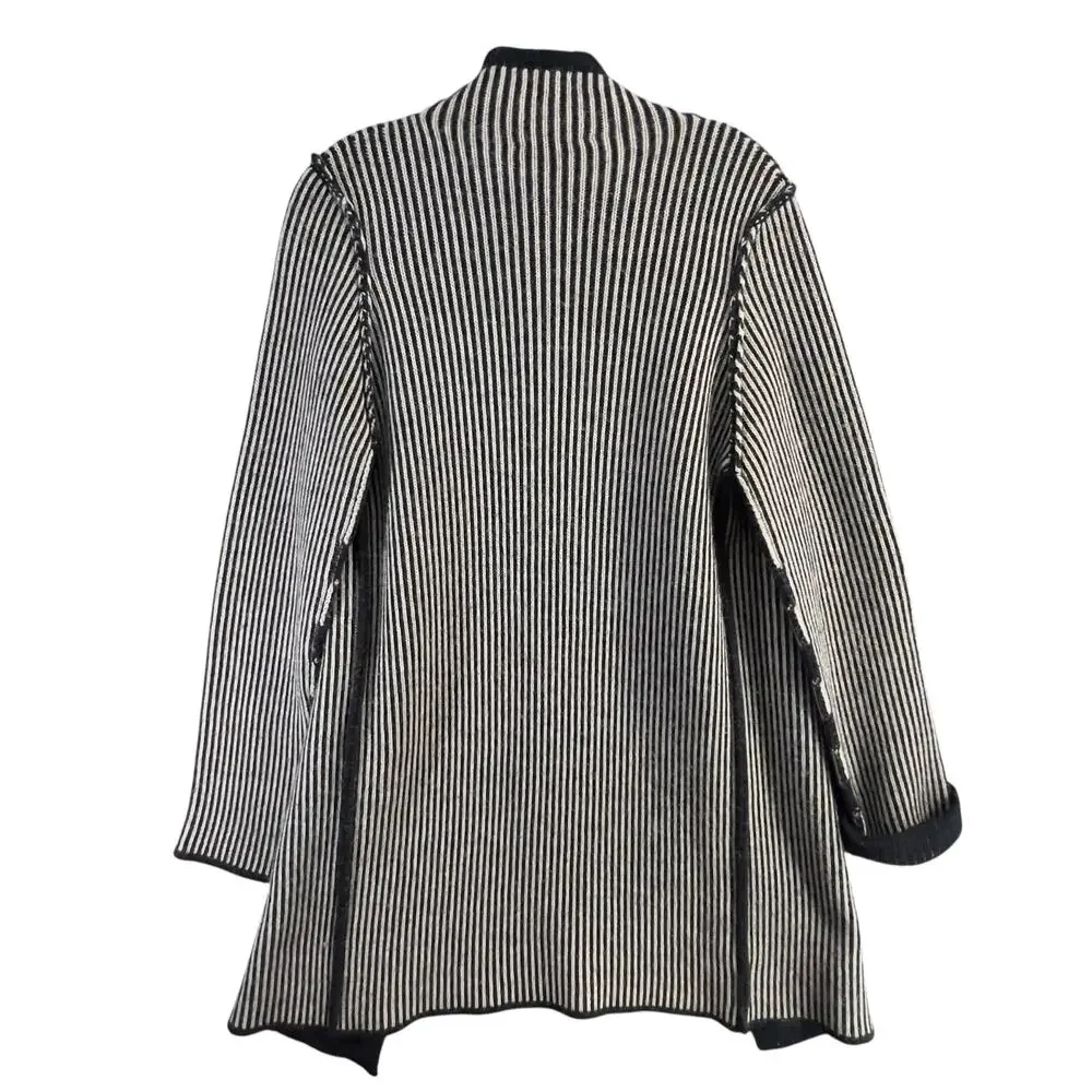 Cocogio Cardigan Sweater M Black‎ Tan Striped Wool Blend Cozy Coatigan Italy